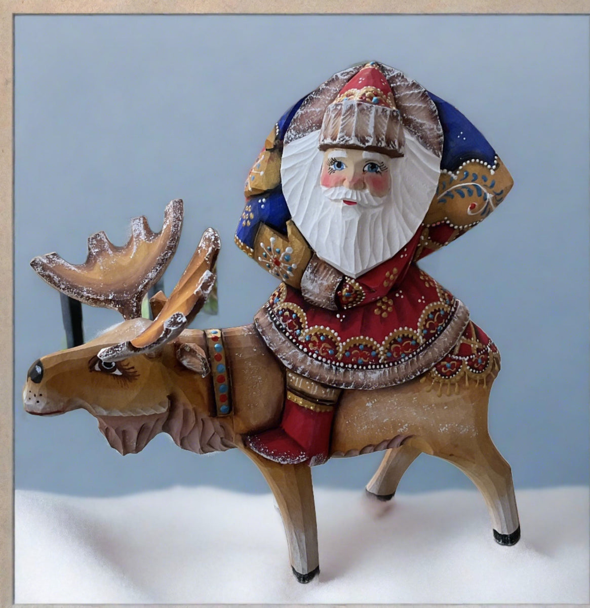 Hand Carved Russian Santa On Moose – Galleria