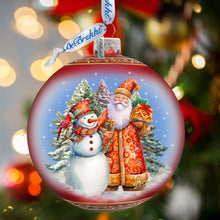 Load image into Gallery viewer, Santas Frosty Friend Lg Glass Ornament by G.Debrekht - Christmas Santa Snowman Decor - 73941