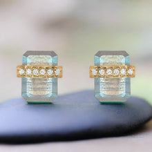 Load image into Gallery viewer, liven labradorite post with a 14k yellow gold diamond band.