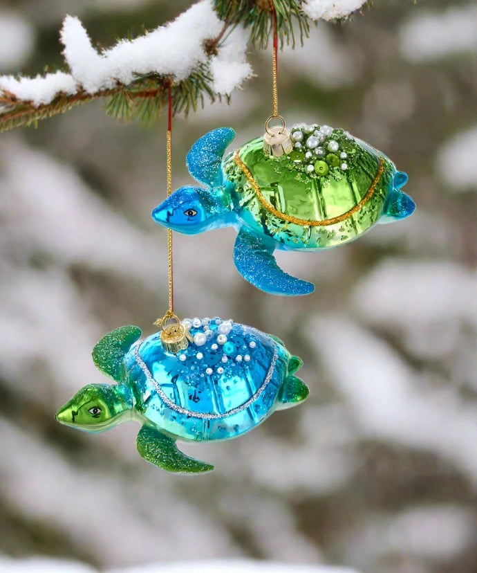 Kurt S. Adler Blue or Green Sea Turtle Glass Ornaments