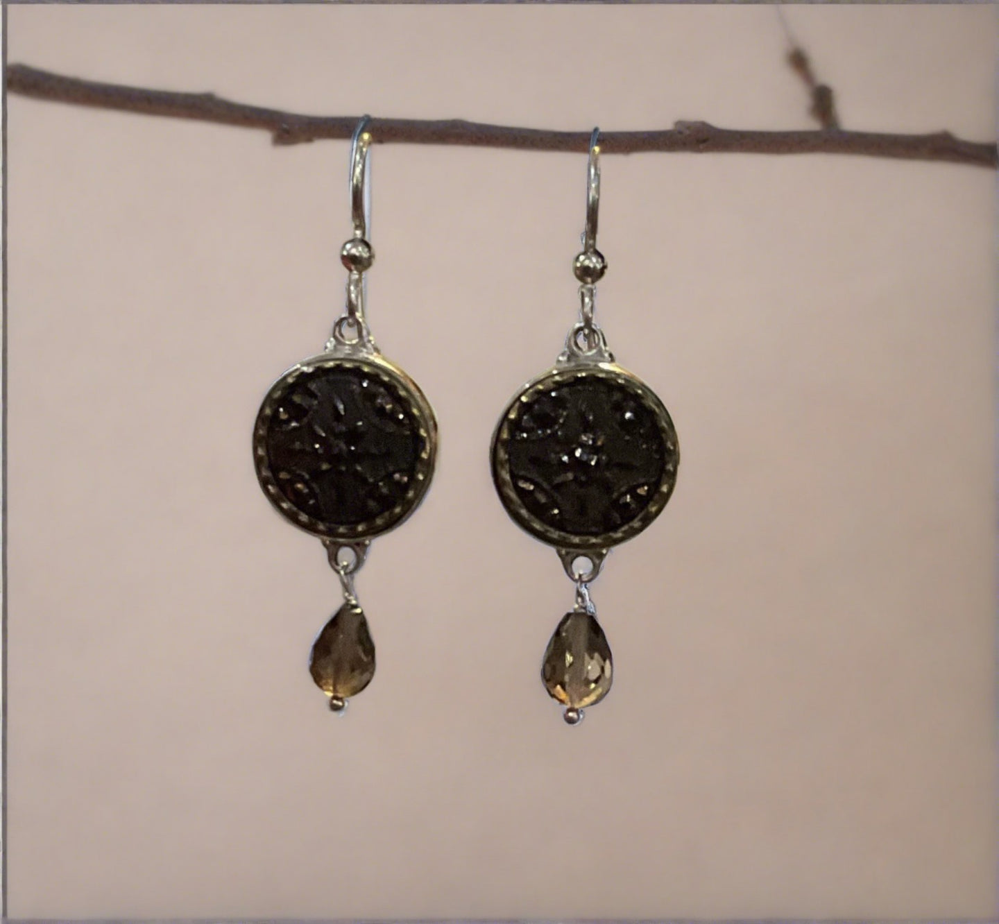 Victorian Luster Glass Button Earrings-Brown with Smokey Quartz Drops