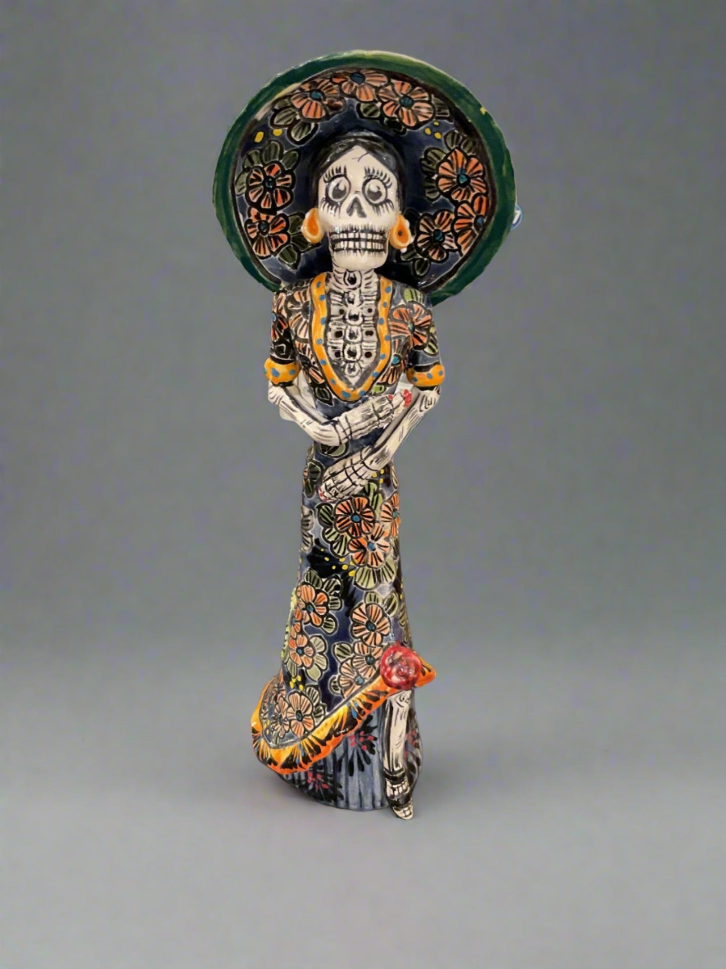 Hand Crafted Talavera Pottery Catrina-Green Hat