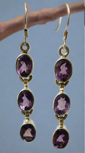 Three Stone Amethyst Earrings Set In Sterling Silver