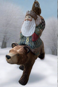 Hand Carved Russian Santa On Bear With Owl