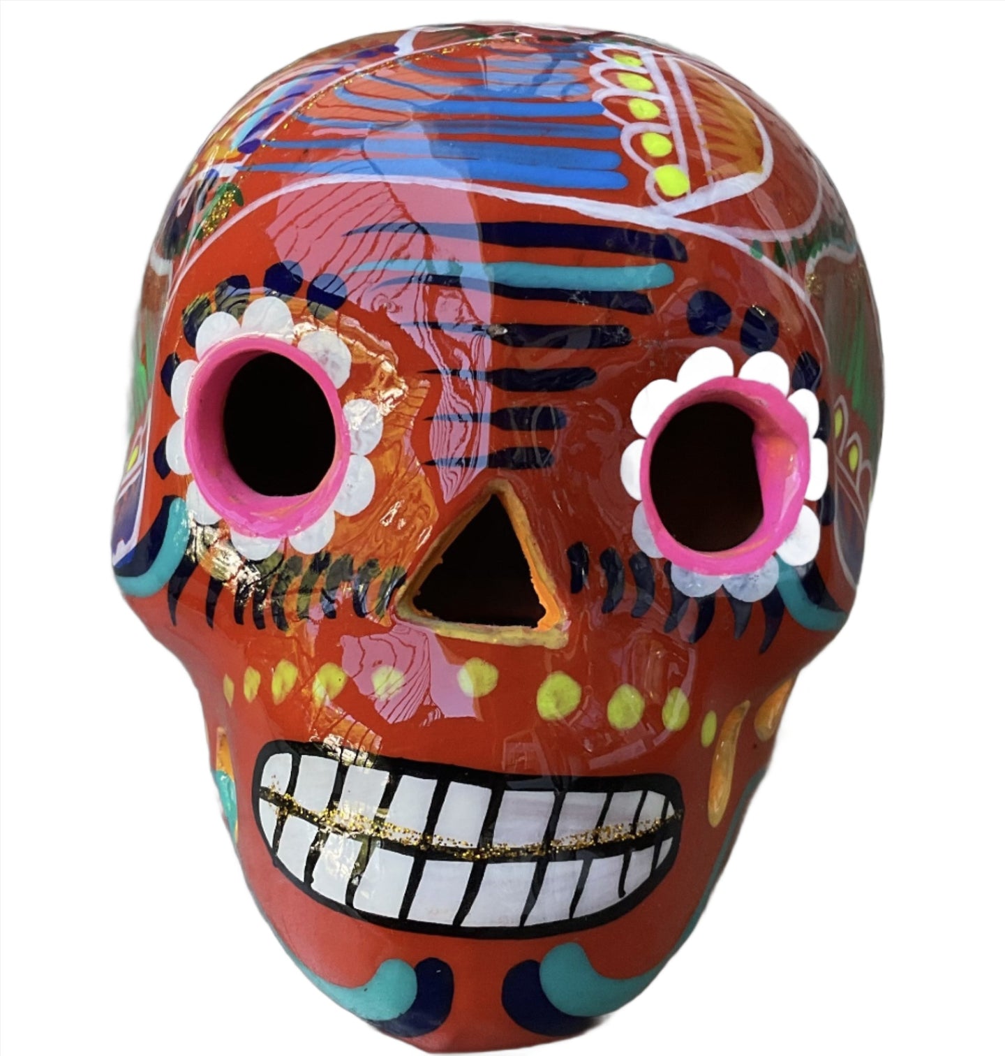 Sugar Skull Large Double Fired Ceramic Mexico Folk Art Day of the Dead-Large, Orange