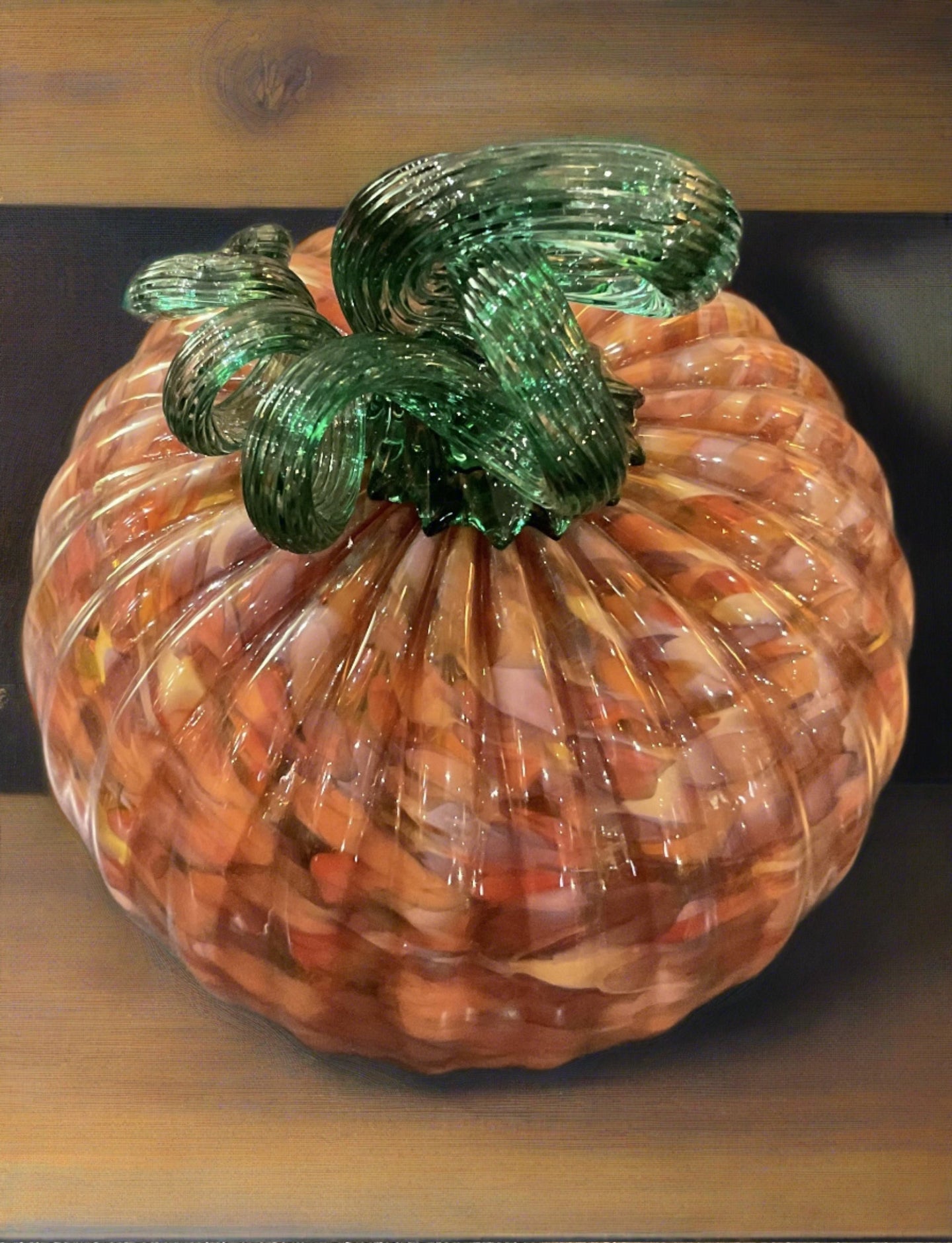 Boise Art Glass Large Fancy Pumpkin- Orange with Green Stem