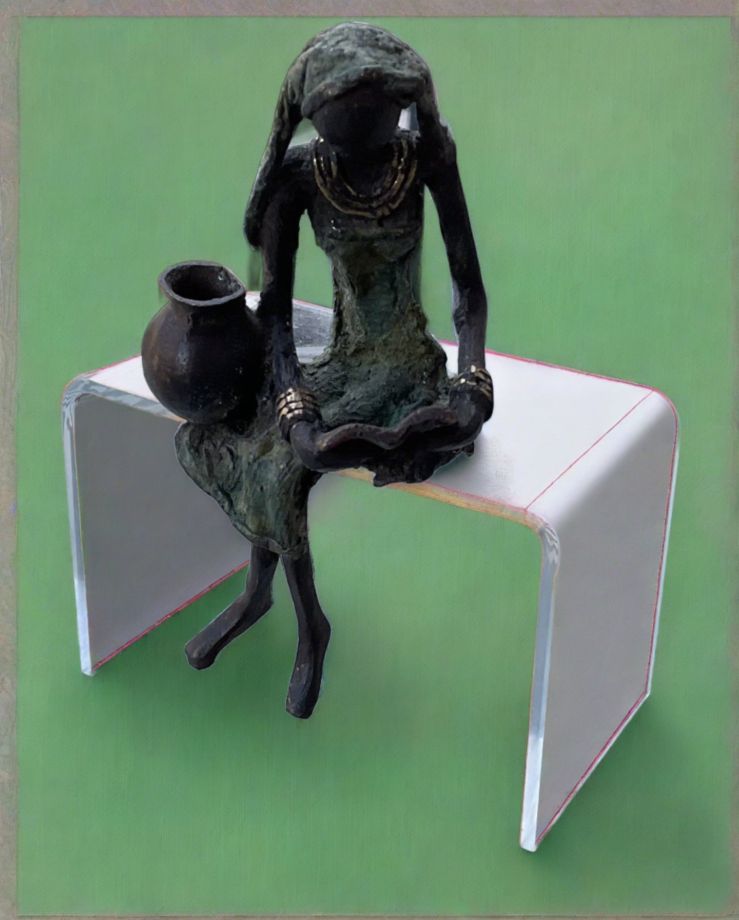Kofi Awudu Lost Wax Bronze Statue- Sitting Woman with Book & Jug