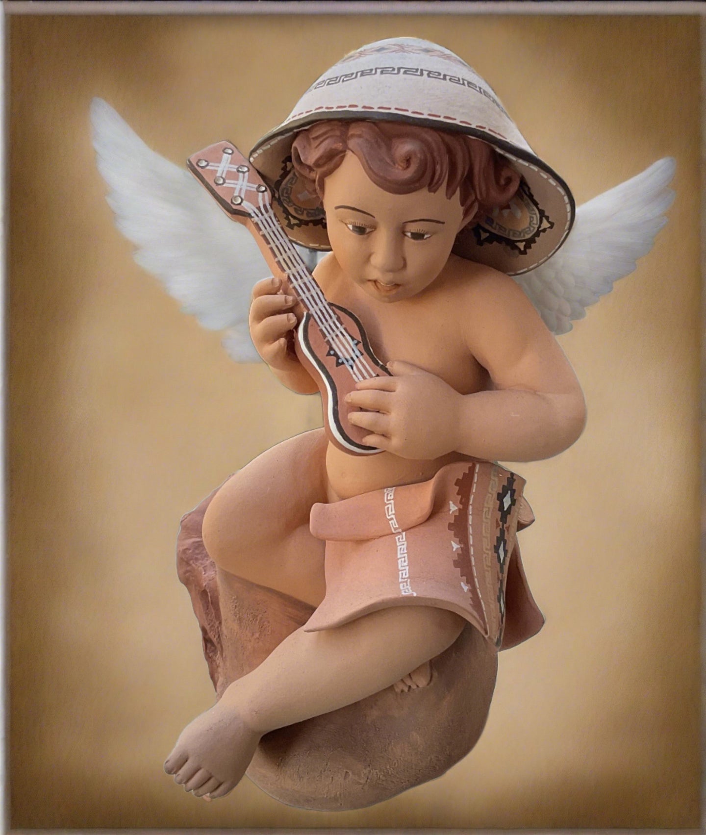 Peruvian Pottery Handmade Angel Figurine with Ukulele