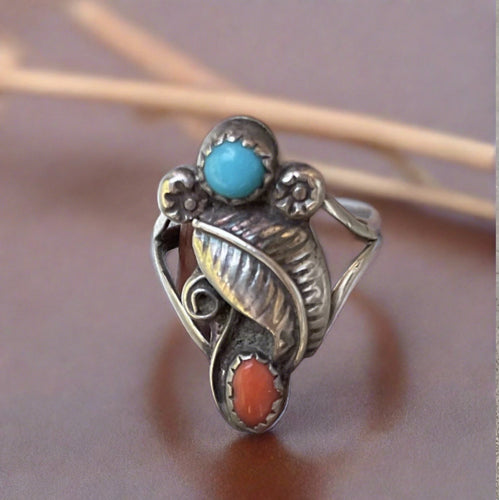 Hand Crafted Native American Turquoise and Coral Ring In Sterling Silver- Size 6