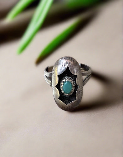 Hand Crafted Native American Turquoise And Sterling Silver Ring- Size 6.5