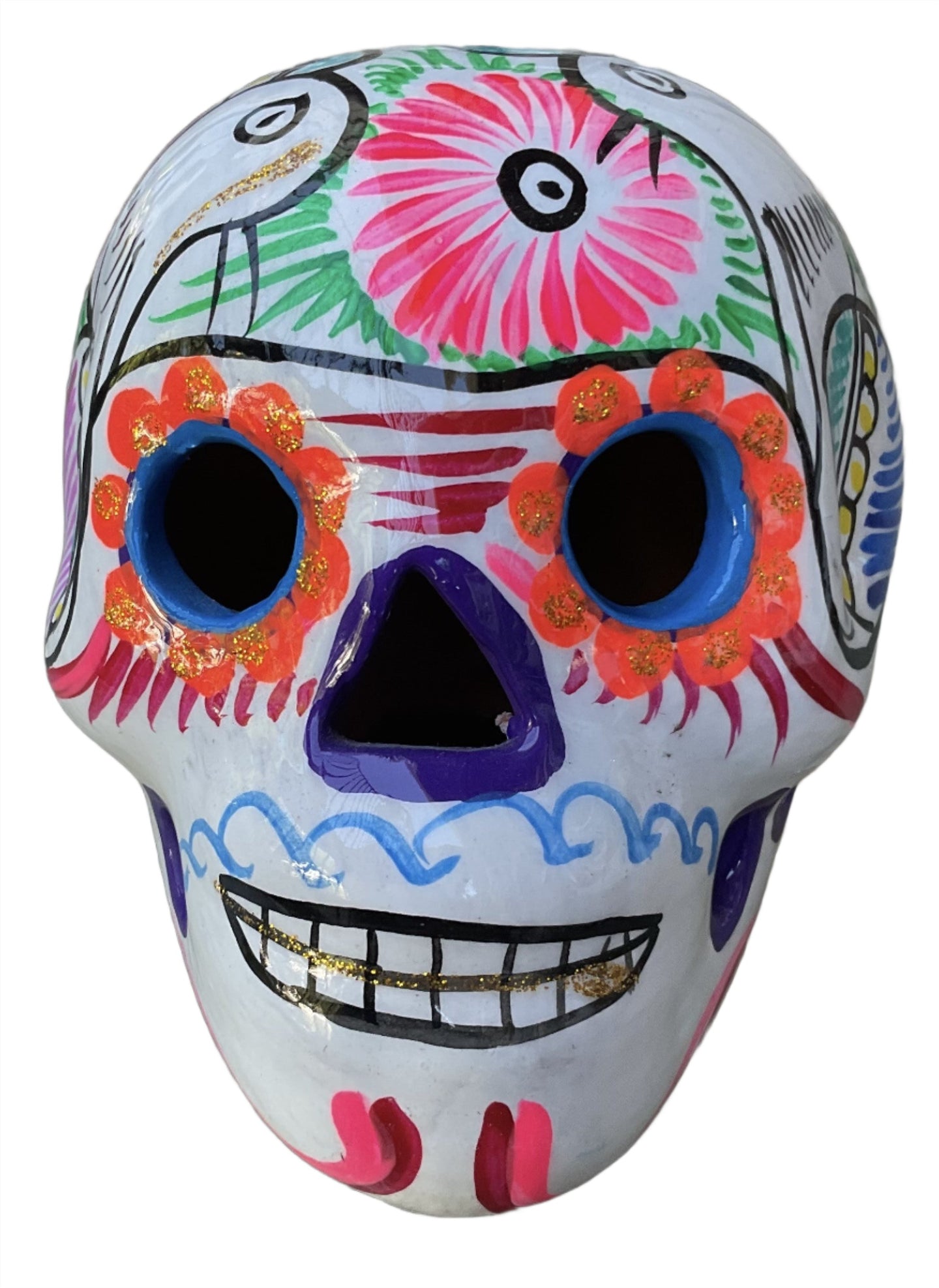 Sugar Skull Large Double Fired Ceramic Mexico Folk Art Day of the Dead-Large, White