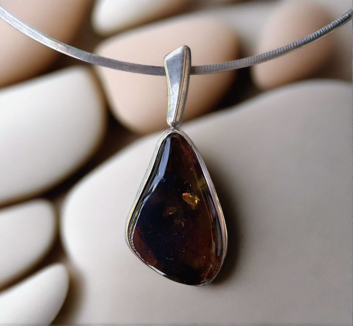 Hand Crafted Cherry Amber Pendant In Sterling Silver