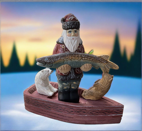 Hand Carved Russian Fishing Santa