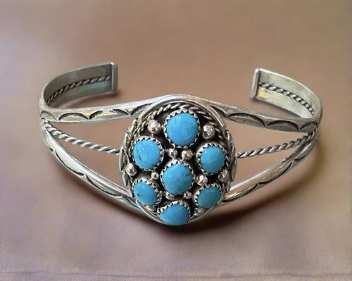 Hand Crafted Native American Turquoise Cuff In Sterling Silver