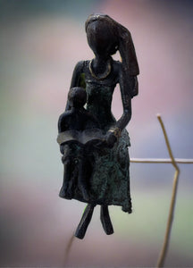Kofi Awudu Lost Wax Bronze Statue- Sitting Mother And Child With Book