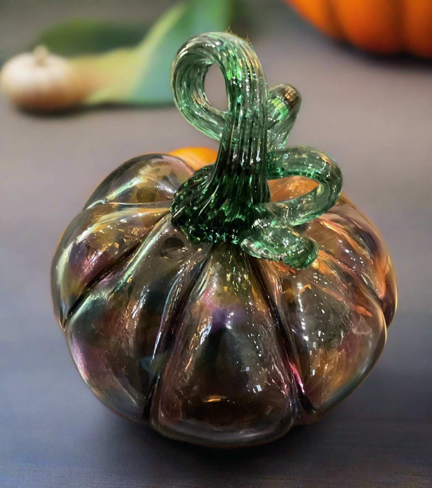 Boise Art Glass Large Fancy Pumpkin-Purple Tones With Green Stem