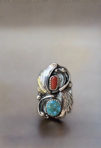 Hand Crafted Native American Turquoise and Coral Ring- Size 7