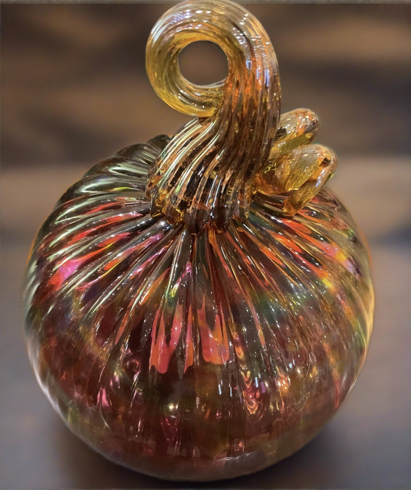 Boise Art Glass Large Fancy Pumpkin-Cranberry with Amber Stem
