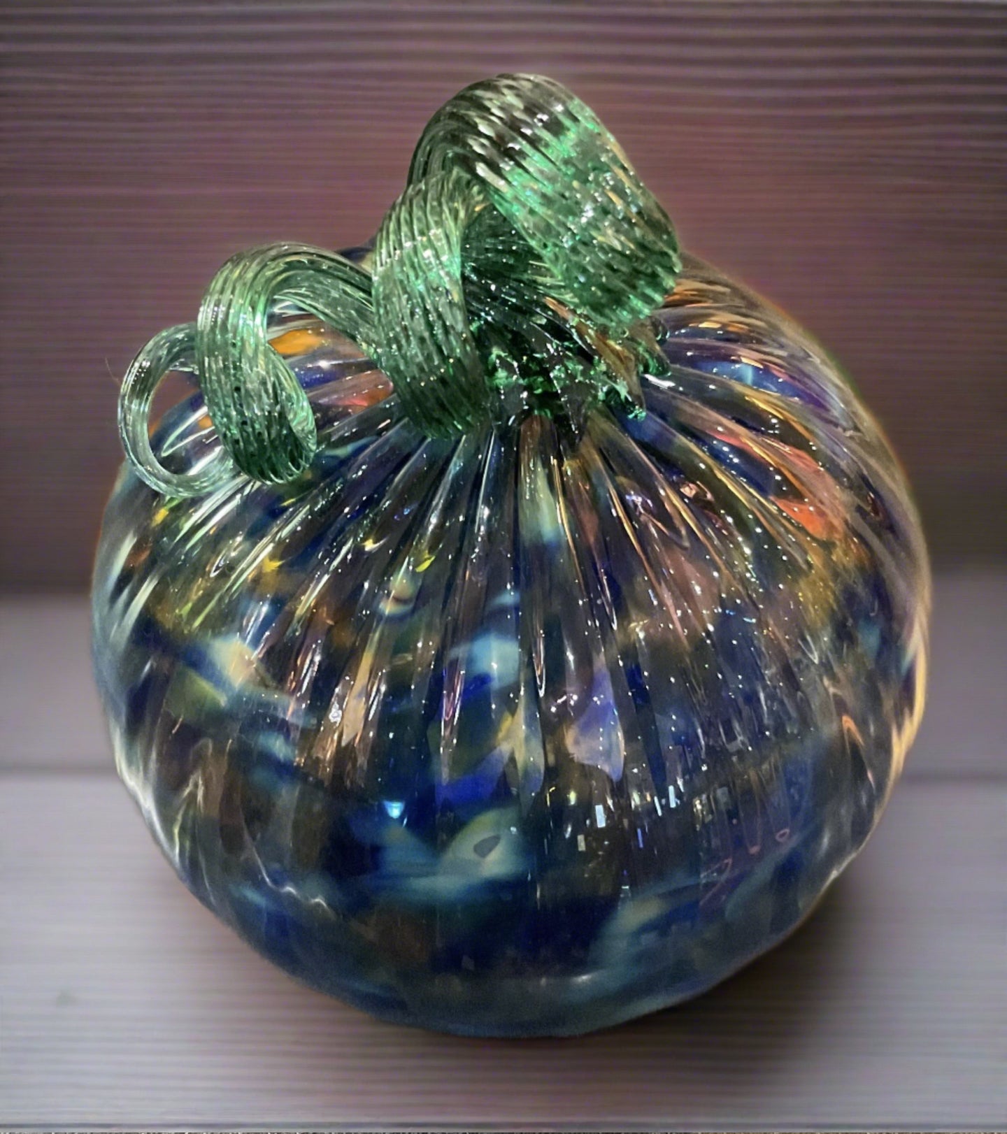 Boise Art Glass Large Fancy Pumpkin-Blue/Green with Green Stem