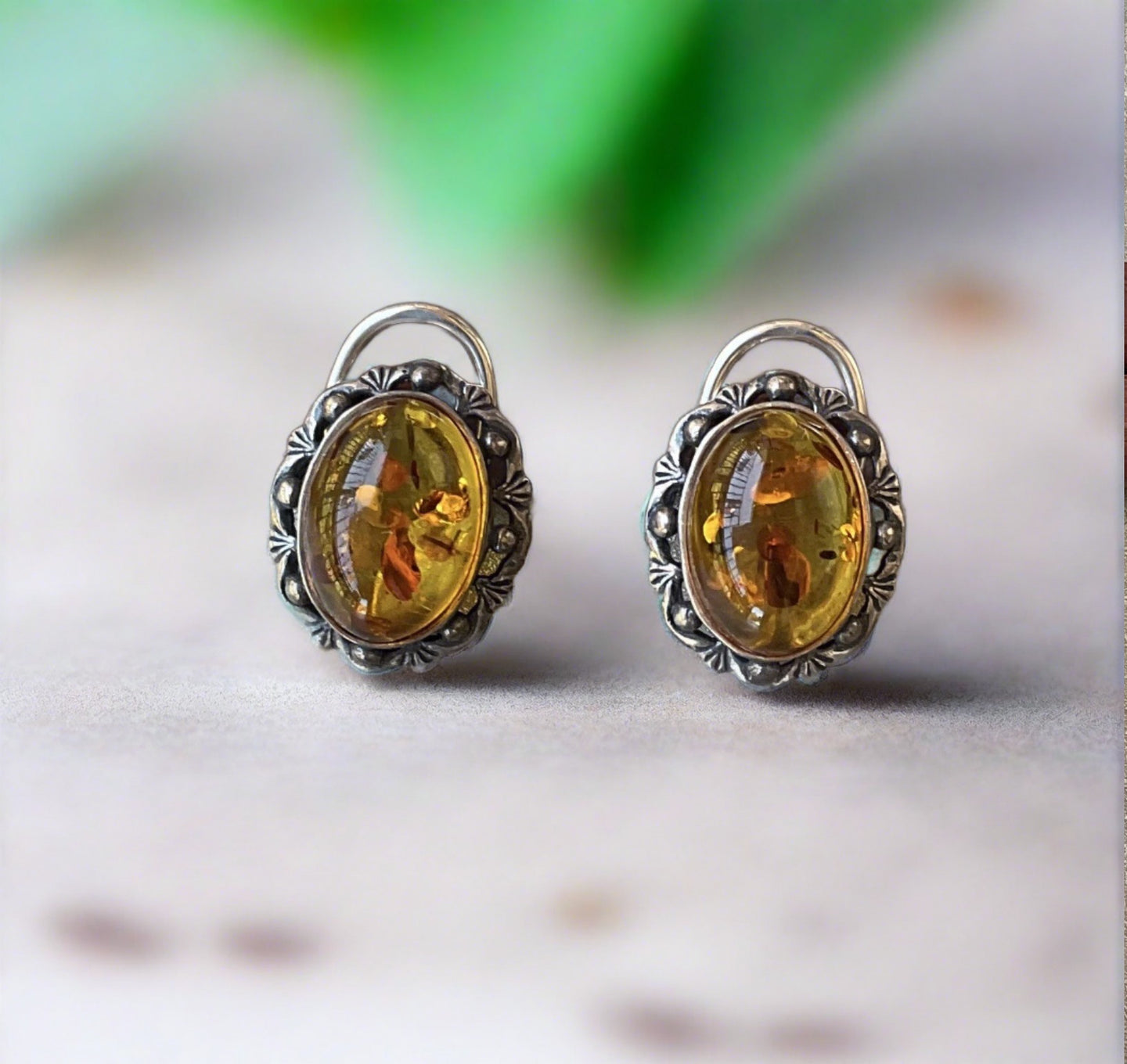 Hand Crafted Baltic Amber Clip On Earrings Set In Sterling Silver