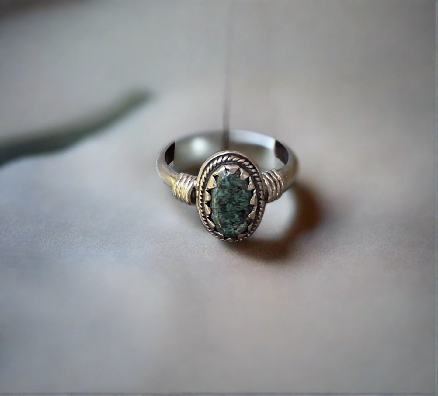 Hand Crafted Native American Green Turquoise Ring In Sterling Silver- Size 8