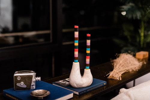 Kapila Memphis Stripe Painted Candles- Pair of 9