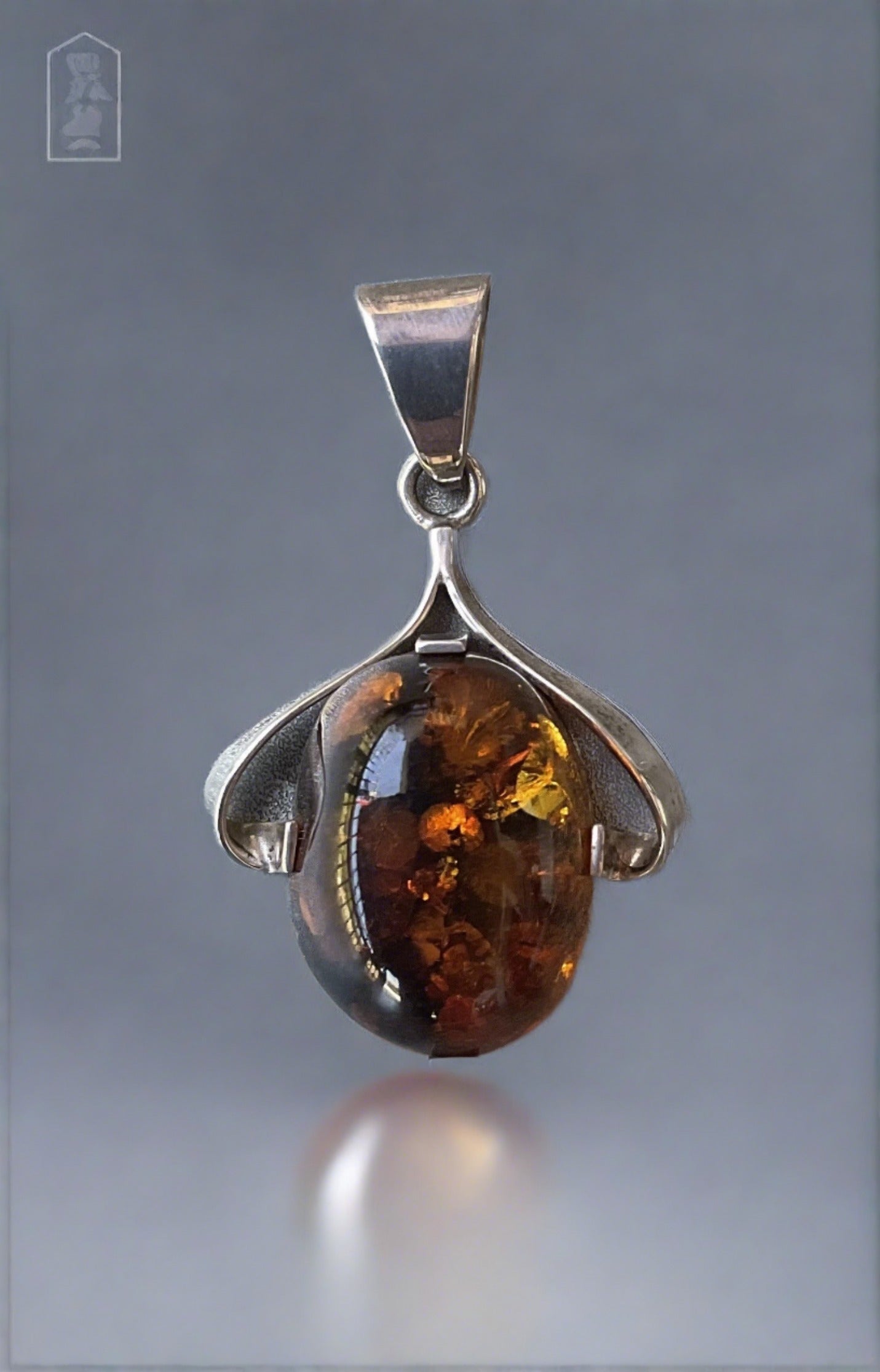 Spherical Shape Orange Amber Pendant Necklace in Sterling Silver, 18
