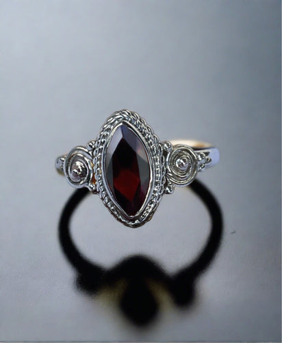 Bali Style Marquise Cut Garnet Ring In Sterling Silver-Size 8