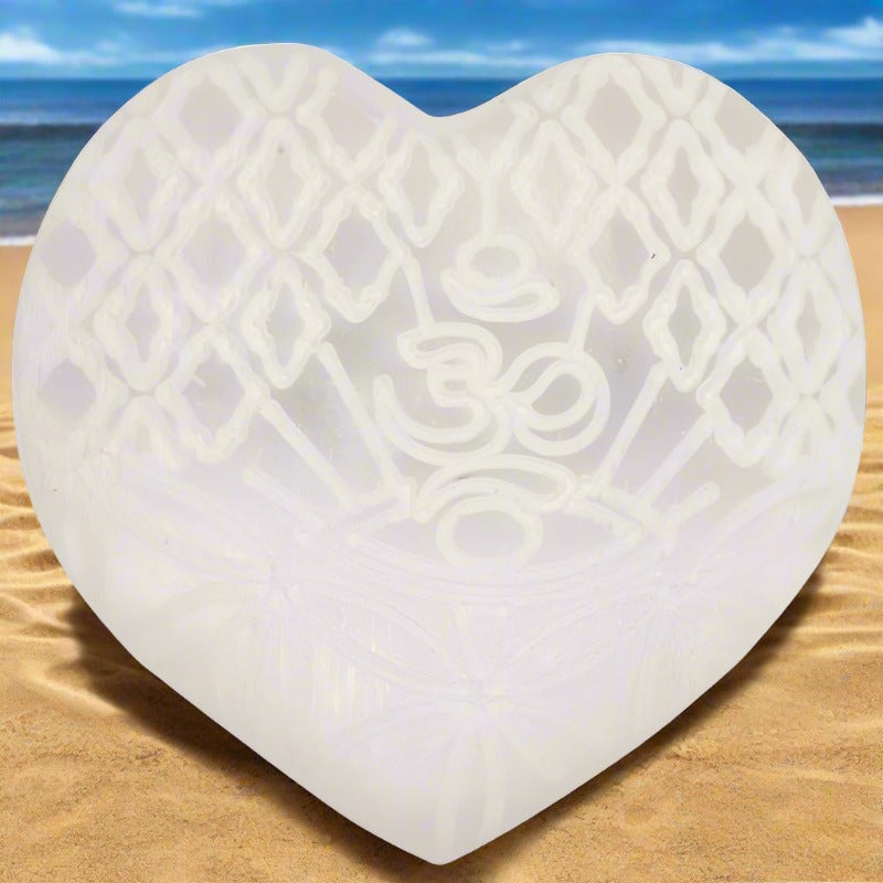 ENGRAVED SELENITE OM HEART