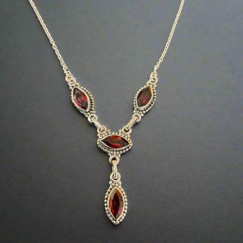 Hand Crafted Bali Style Garnet Necklace Set In Sterling Silver