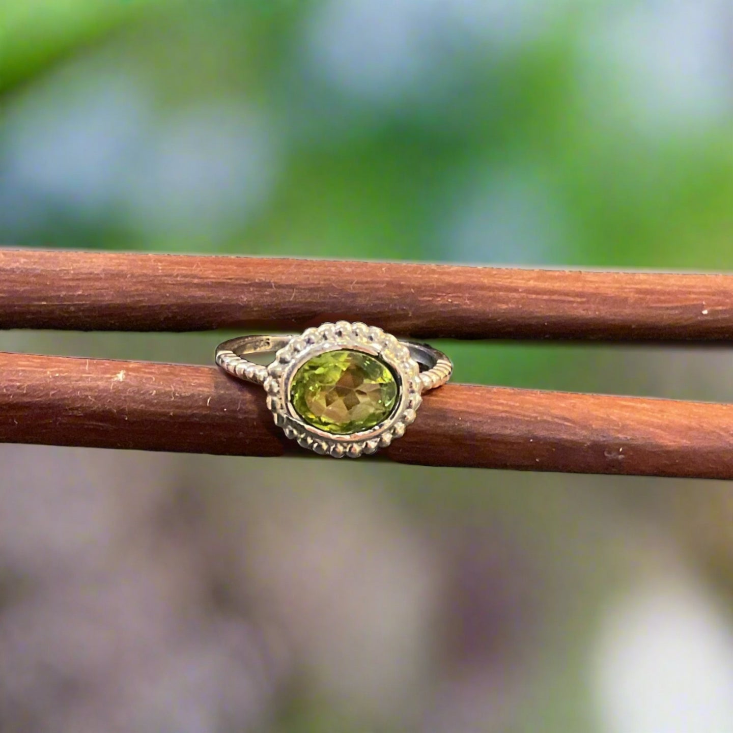 Hand Crafted Bali Style Peridot Ring Set In Sterling Silver-Size 8