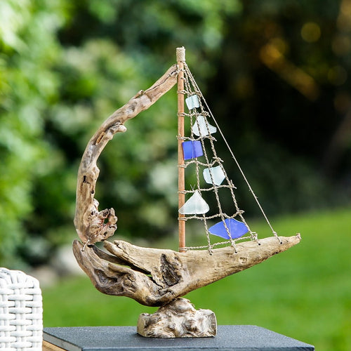 Garden Age Driftwood Boat with Recycled Glass - Large
