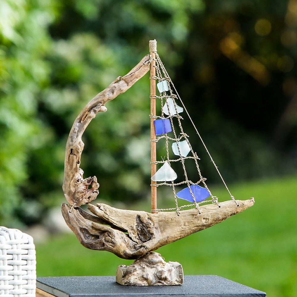 Garden Age Driftwood Boat with Recycled Glass - Large