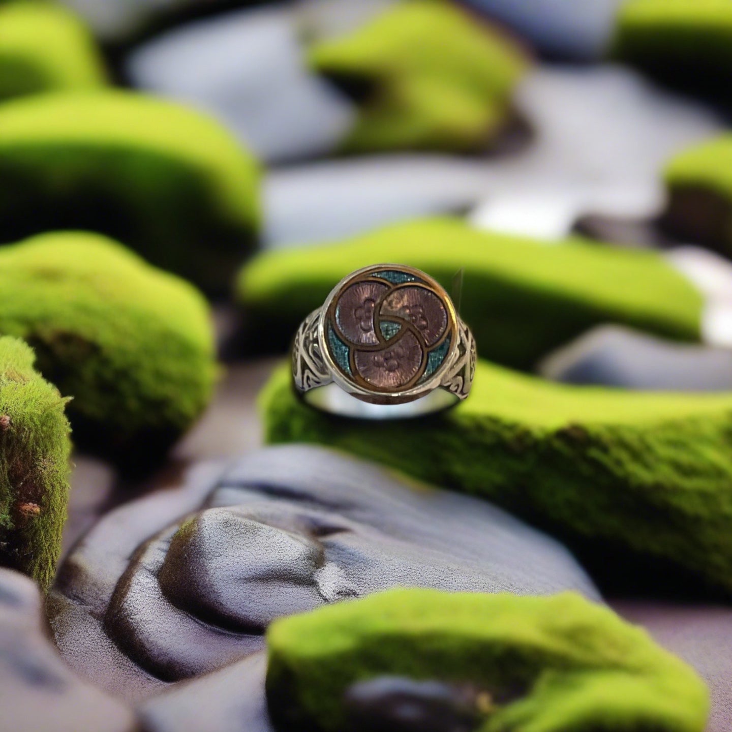 Antique Enamel Button Ring, Lavender and Blue, Size 8