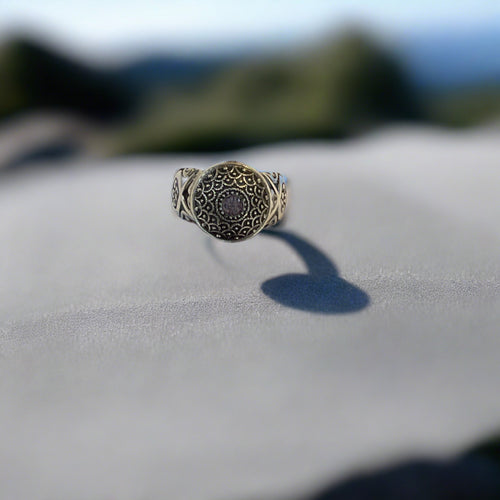 Antique Button Ring, Silver Dome with Pink/Purple Center Stone, Size 7