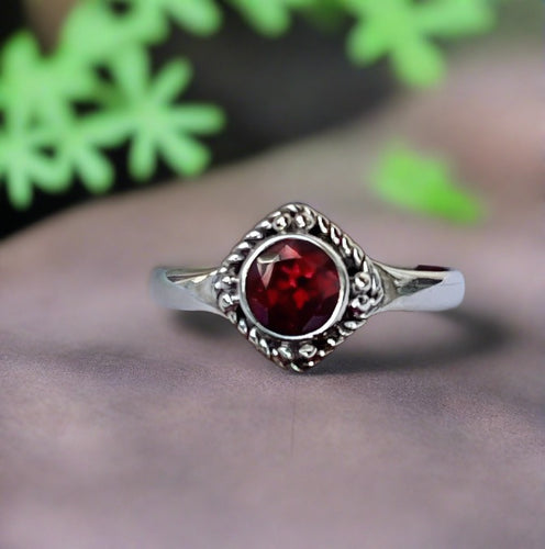 Bali Style Round Garnet Ring Set In Sterling Silver-Size 8.5