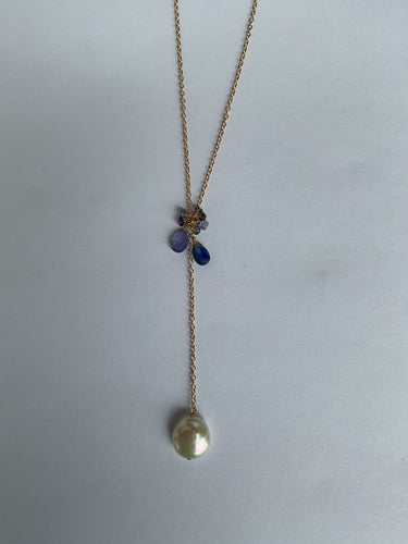 Pom Jewelry Necklace, Tanzanite, Kyanite, and Pearl set in Gold Fill