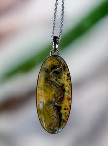 Long Oval Bumblebee Jasper Pendant Set In Sterling Silver