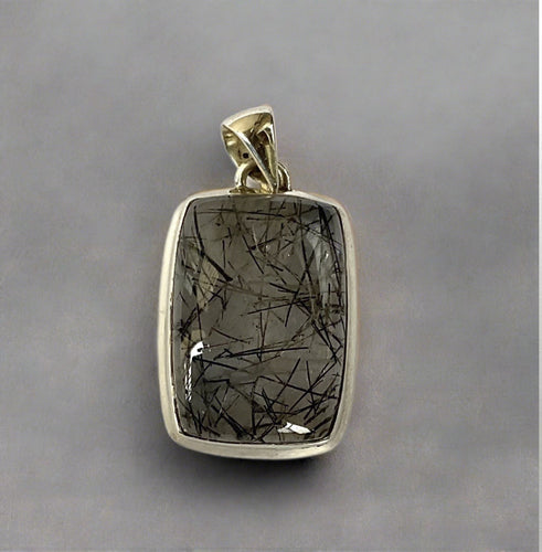Rectangle Tourmalinated Quartz Pendant Set In Sterling SIlver
