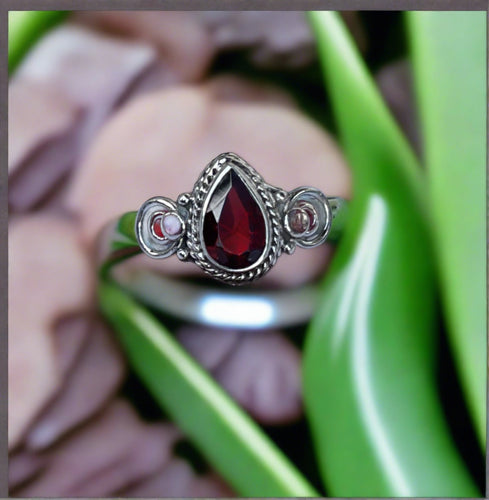 Bali Style Tear Shaped Garnet Ring Set In Sterling Silver-Size 8