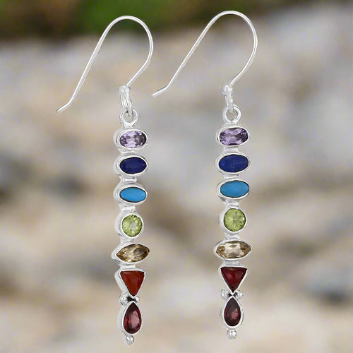 Tiger Mountain Jewelry Chakras Lined Up Sterling Silver Multi Stone Earrings-E4213