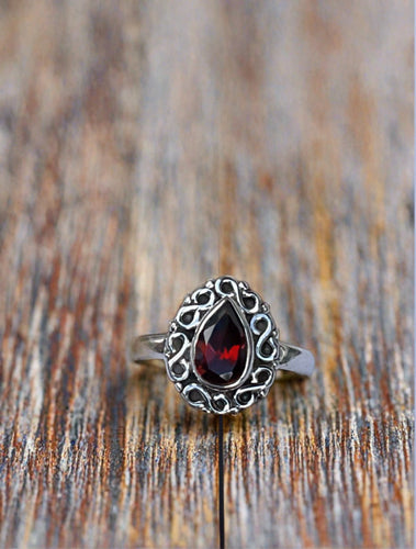 Bali Style Tear Shaped Garnet Ring Set In Sterling Silver-Size 6