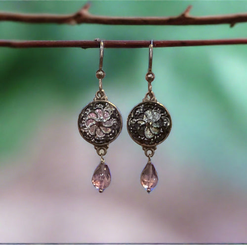 Victorian Luster Glass Button Earrings with Amethyst Drops