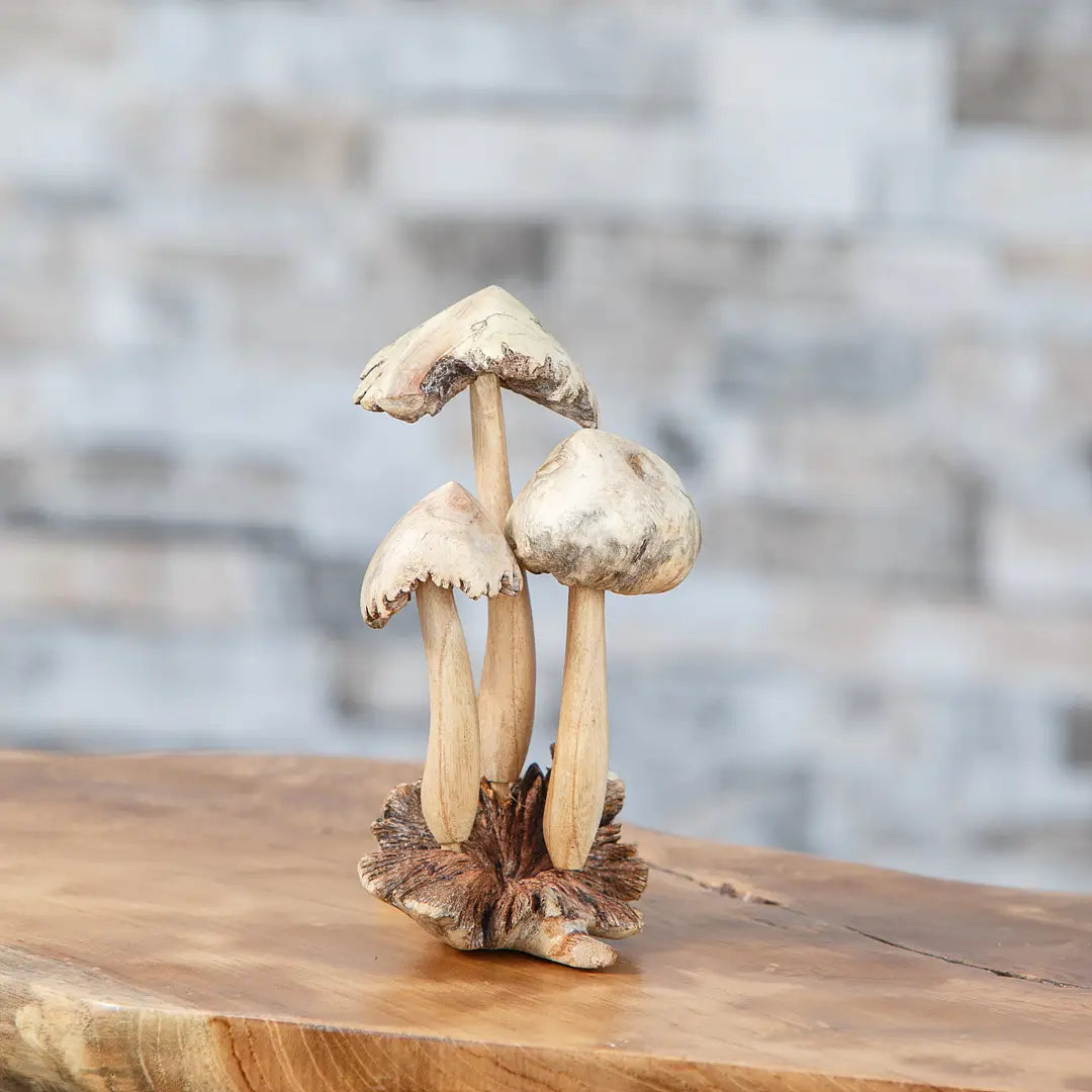 Garden Age Parasite Wood Hand Carved Figurine - 3 Mushrooms