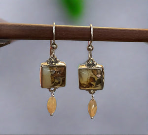 Antique Glass Button Earrings, Tan and Brown with Opal Drops