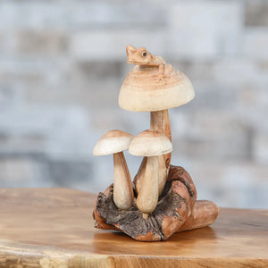 Garden Age Parasite Wood Hand Carved Figurine - Frog On the Mushrooms