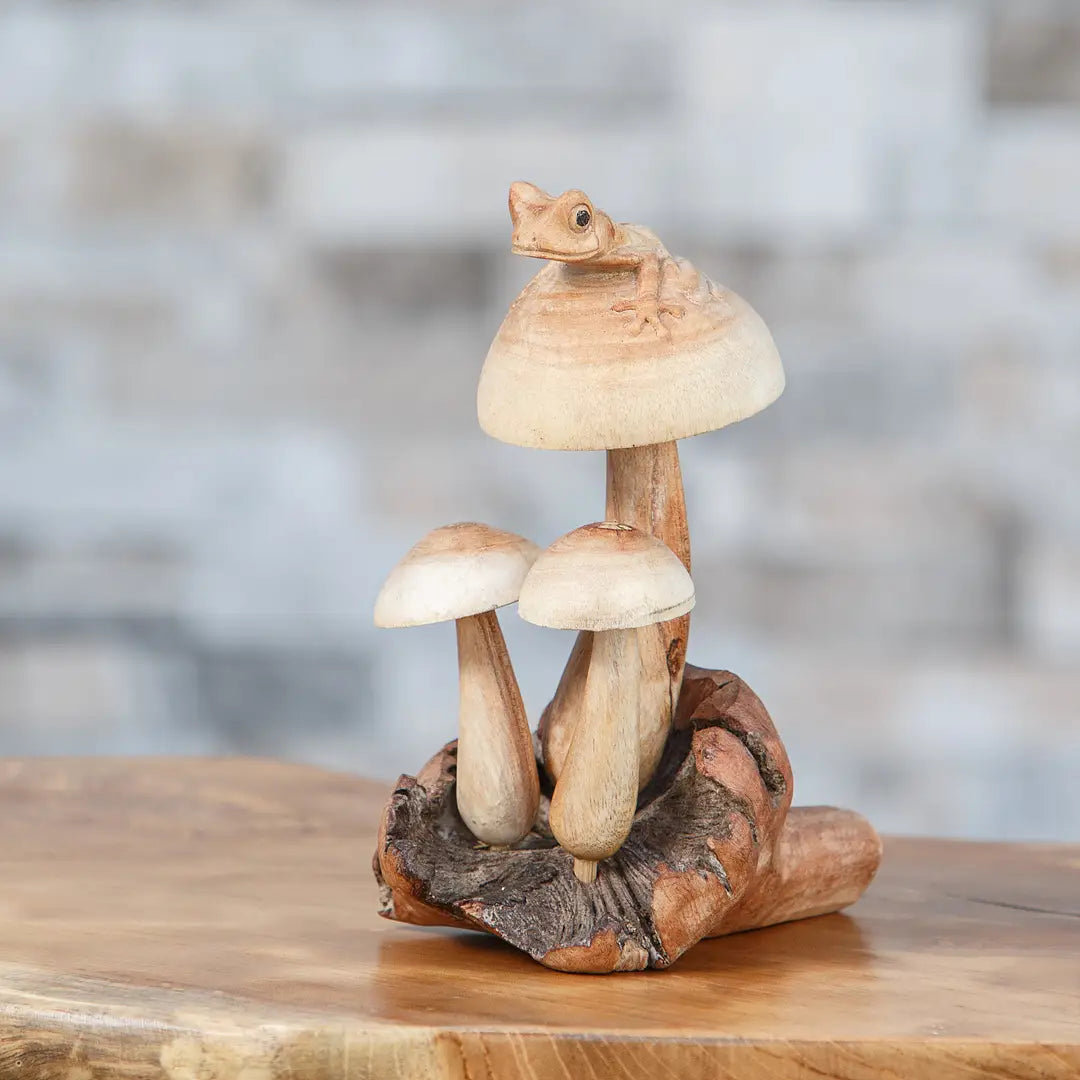 Garden Age Parasite Wood Hand Carved Figurine - Frog On the Mushrooms
