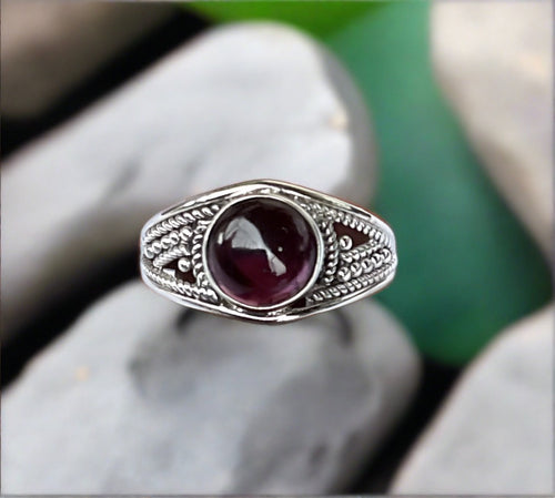 Bali Style Round Garnet Ring Set In Sterling Silver-Size 8