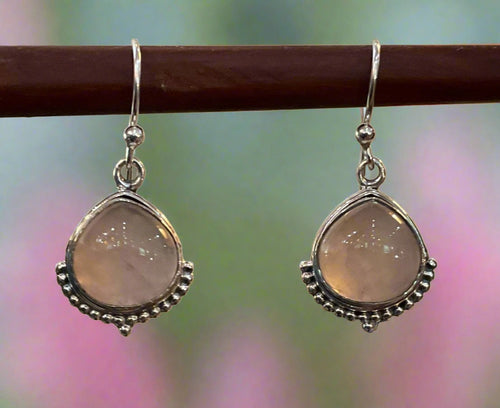 Hand Crafted Bali Style Rose Quartz Earrings Set In Sterling Silver