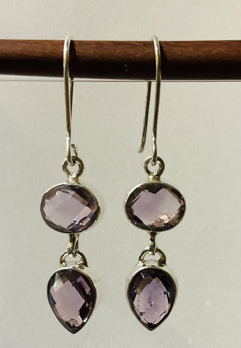 Oval And Tear Drop Shaped Amethyst Earrings Set In Sterling Silver